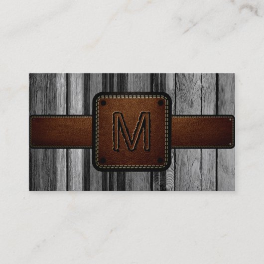 Oud Hout Bruin Leer Kijk Monogram Visitekaartje (Voorkant)