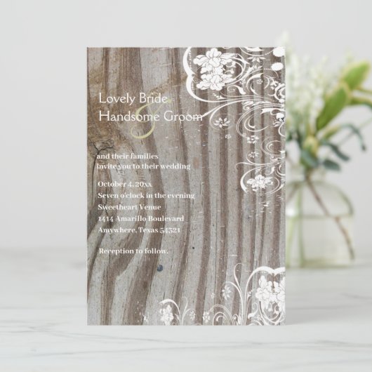 Oud hout en Shabby Lace bruiloft uitnodiging (Staand voorkant)