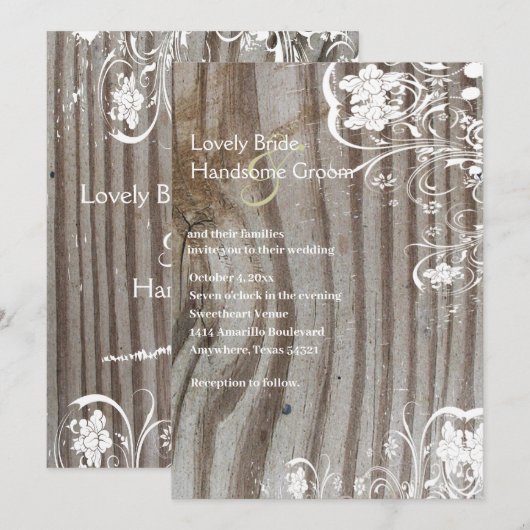 Oud hout en Shabby Lace bruiloft uitnodiging (Voorkant / Achterkant)