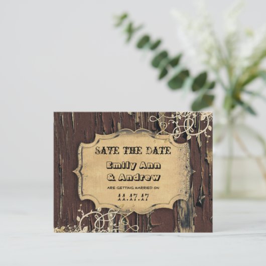 Oud Hout Land Chic Gold Vine Save the Date Aankondigingskaart (Staand voorkant)