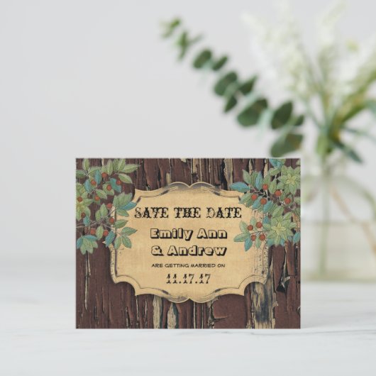 Oud Hout Land Chic Save the Date Aankondigingskaart (Staand voorkant)