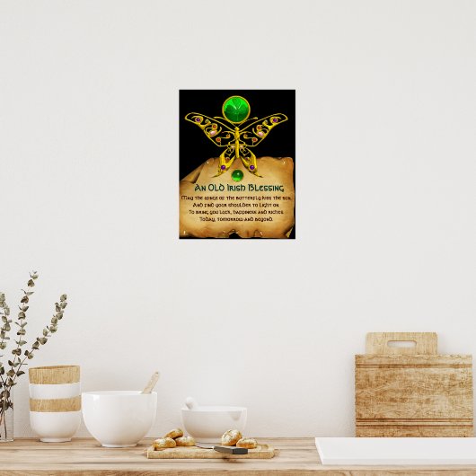Oud Iers "Blessing Parchment with Gold Butterfly" Poster (Keuken)