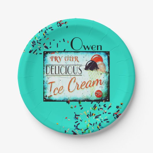 Oud ijsparlorbord sprookjesachtig turquoise papieren bordje (Voorkant)