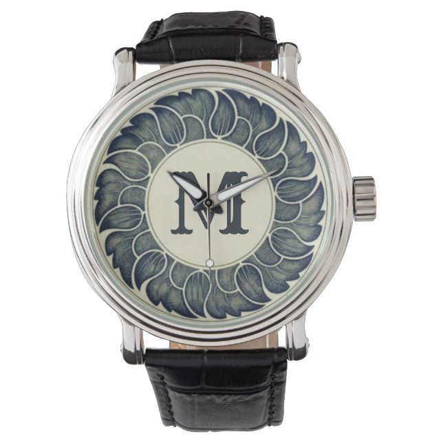 Oud Japans blad Inkt Kunst Monogram Horloge (Voorkant)