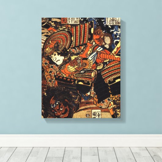 Oud Japans Schilderij van Samurai Vechten c.1800s Canvas Afdruk (Insitu (Houten vloer))