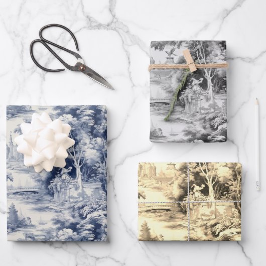 Oud Kasteel Modern Blauw Toile de Jouy patroon Inpakpapier Vel (Voorkant)