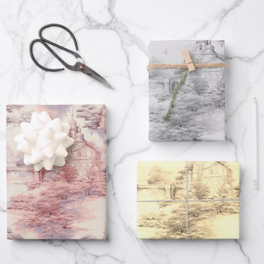 Oud Kasteel Modern rood Toile de Jouy patroon Inpakpapier Vel (Voorkant)