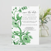 Oud Kelly Groen Witte Chinoiserie Bloem Save The Date (Staand voorkant)