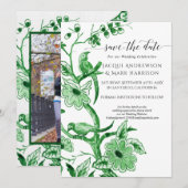 Oud Kelly Groen Witte Chinoiserie Bloem Save The Date (Voorkant / Achterkant)