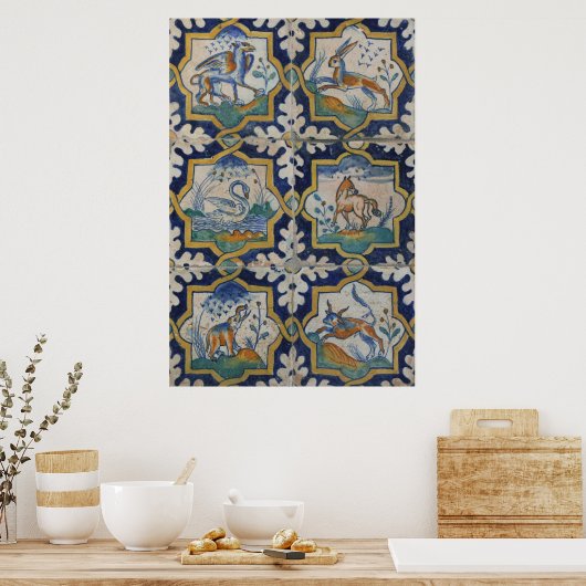 Oud keramisch Tegel Dierenboek Poster (Keuken)