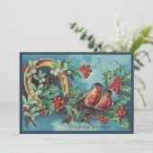 oud kerstblauw Hoefijzer met kerstboombessen Feestdagenkaart (Staand voorkant)