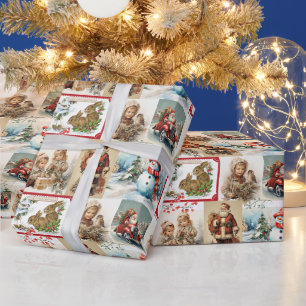 Oud kerstcollage met Kerstman en kinderen Cadeaupapier