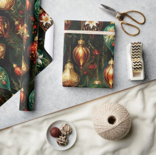 Oud kerstfantasie Bloemornamentenpatroon Cadeaupapier