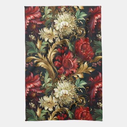 Oud kerstfantasie Bloempatroon Theedoek (Verticaal)