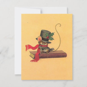 Oud kerstfeest Cute Muis Op Boek Feestdagenkaart