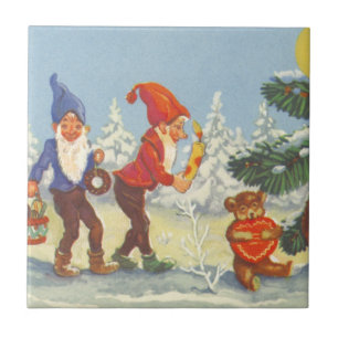 Oud Kerstfeest, elfen in het besneeuwde woud winte Tegeltje