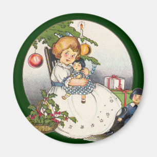 Oud Kerstfeest, Gelukkig Meisje Speelt met Poppen Magneet