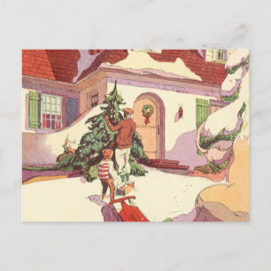 Oud Kerstfeest, Gezins huis in de sneeuw Feestdagenkaart