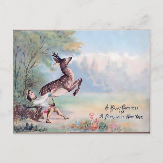 Oud Kerstfeest: Het Springende Ree en Jongen Briefkaart (Voorkant)
