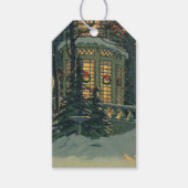Oud Kerstfeest, huis met kransen in de ramen Cadeaulabel (Voorkant)