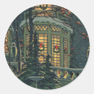 Oud Kerstfeest, huis met kransen in de ramen Ronde Sticker