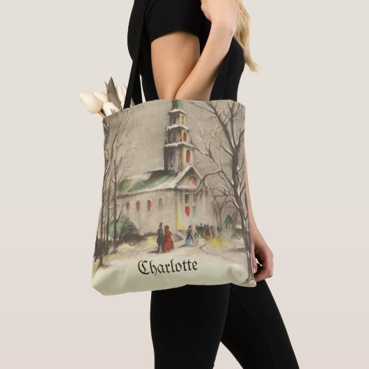 Oud Kerstfeest, kerk in winters landschap Tote Bag (Dichtbij)