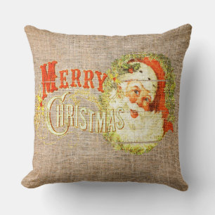 Oud Kerstfeest & Kerstman op Rustieke Jute Kussen
