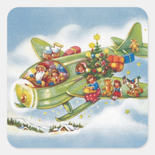 Oud Kerstfeest, Kerstman vliegt in een vliegtuig Vierkante Sticker