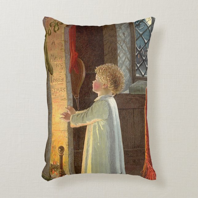 Oud Kerstfeest, kind dat zich verwarmt bij de open Accent Kussen (Voorkant(Verticaal))