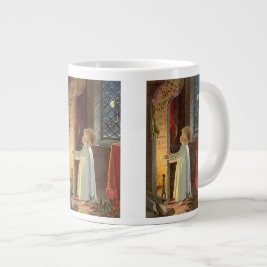 Oud Kerstfeest, kind dat zich verwarmt bij de open Grote Koffiekop (Voorkant rechts)