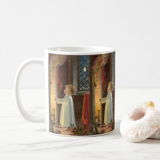 Oud Kerstfeest, Kind dat zich verwarmt bij de open Koffiemok (Met donut)