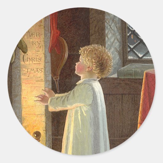 Oud Kerstfeest, Kind dat zich verwarmt bij de open Ronde Sticker (Voorkant)