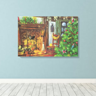 Oud kerstfeest, knus blokhut met open haard canvas afdruk