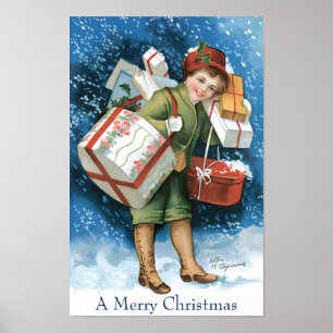 Oud Kerstfeest, Meisje met Cadeaus in Wintersneeuw Poster