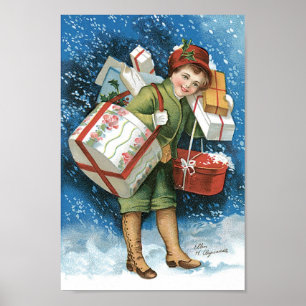 Oud Kerstfeest, Meisje met Cadeaus in Wintersneeuw Poster