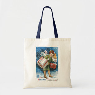Oud Kerstfeest, Meisje met Cadeaus in Wintersneeuw Tote Bag