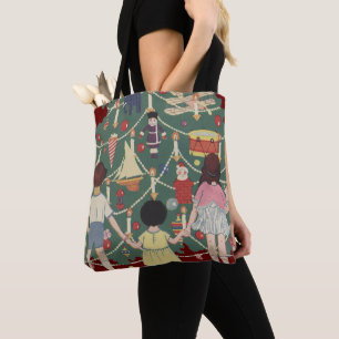 Oud Kerstfeest rond een versierde boom Tote Bag