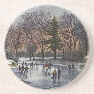 Oud Kerstfeest, Vroege Winter Schaatsers op een Vi Zandsteen Onderzetter