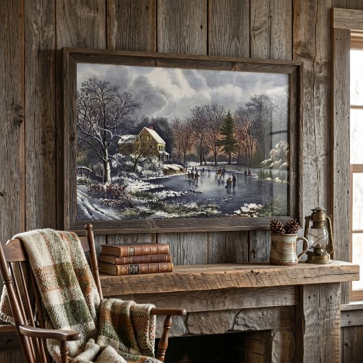 Oud kerstfeest, vroege winterschaatsers op de vijv poster