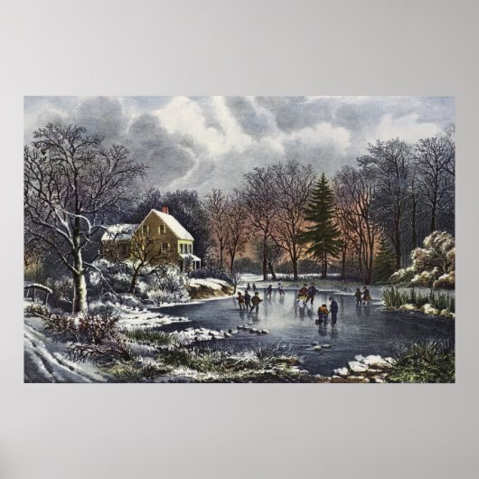 Oud kerstfeest, vroege winterschaatsers op de vijv poster (Voorkant)