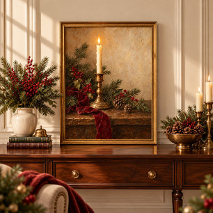 Oud Kerstkaars Evergreen Stilleven Poster