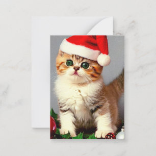 Oud Kerstkatje in Kerstmannenhoed Notitiekaartje