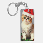 Oud Kerstkatje in Kerstmannenhoed Sleutelhanger (Voorkant Links)