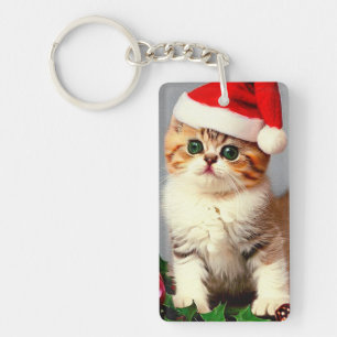 Oud Kerstkatje in Kerstmannenhoed Sleutelhanger