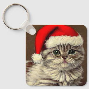Oud Kerstkatje met Kerstmanhoed Sleutelhanger