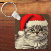 Oud Kerstkatje met Kerstmanhoed Sleutelhanger (Voorkant)