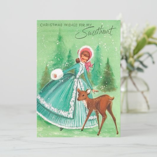 Oud kerstmeisje hert geliefde feestdagenkaart (Staand voorkant)