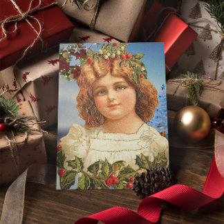 Oud Kerstmeisje Met Hulst Kaart