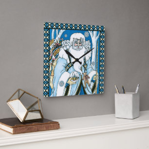 Oud Kerstmis, Blauwe Kerstman met Sneeuwbol Vierkante Klok