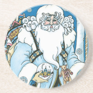 Oud Kerstmis, Blauwe Kerstman met Sneeuwbol Zandsteen Onderzetter